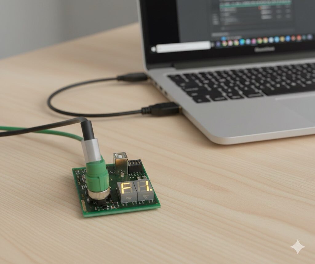 Protokolltester für Master & Device, angeschlossen an Laptop – für präzise Tests und Analyse von IO-Link Geräten.