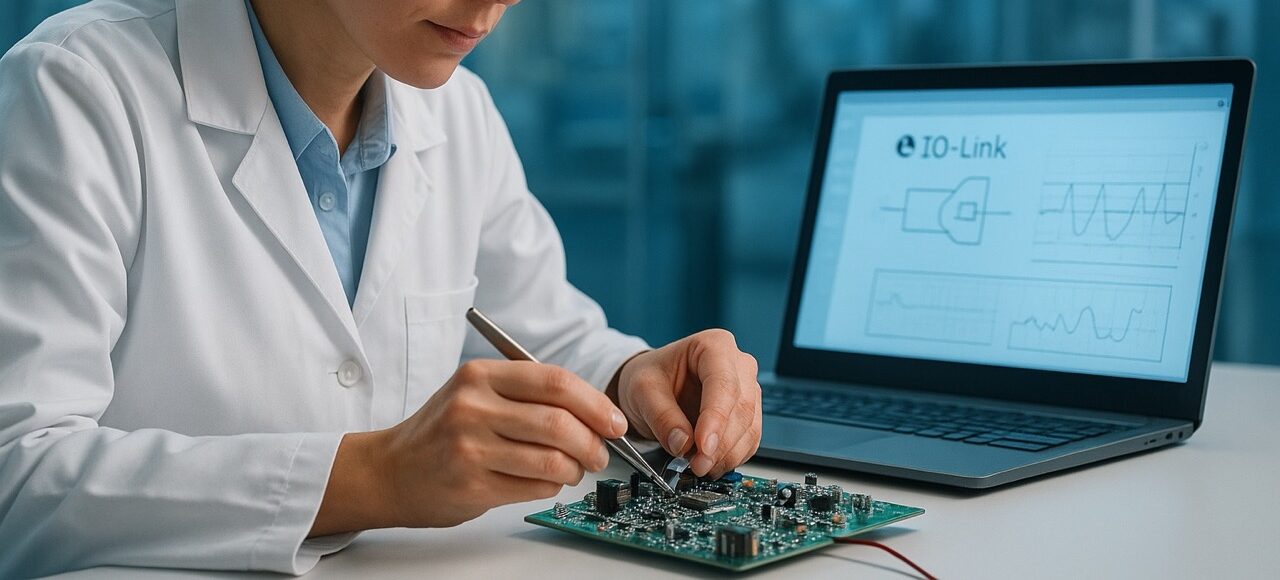 Frau arbeitet an IO-Link Gerät, Laptop im Hintergrund zeigt IO-Link Software – Weiterentwicklung, Anpassungen und Integration neuer Standards.