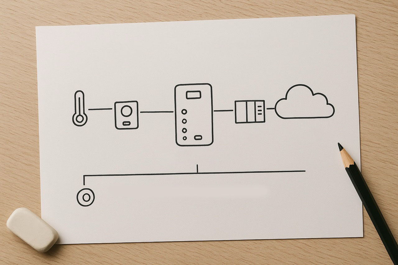 Papier mit aufgemalter IO-Link-Systemarchitektur – Workshops bieten vertiefte Einblicke in die praktische Umsetzung.